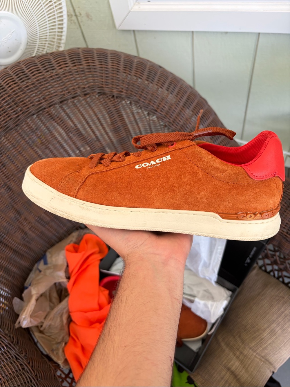 COACH Men's Burnt Orange Suede Low-Top Sneakers with Red Heel